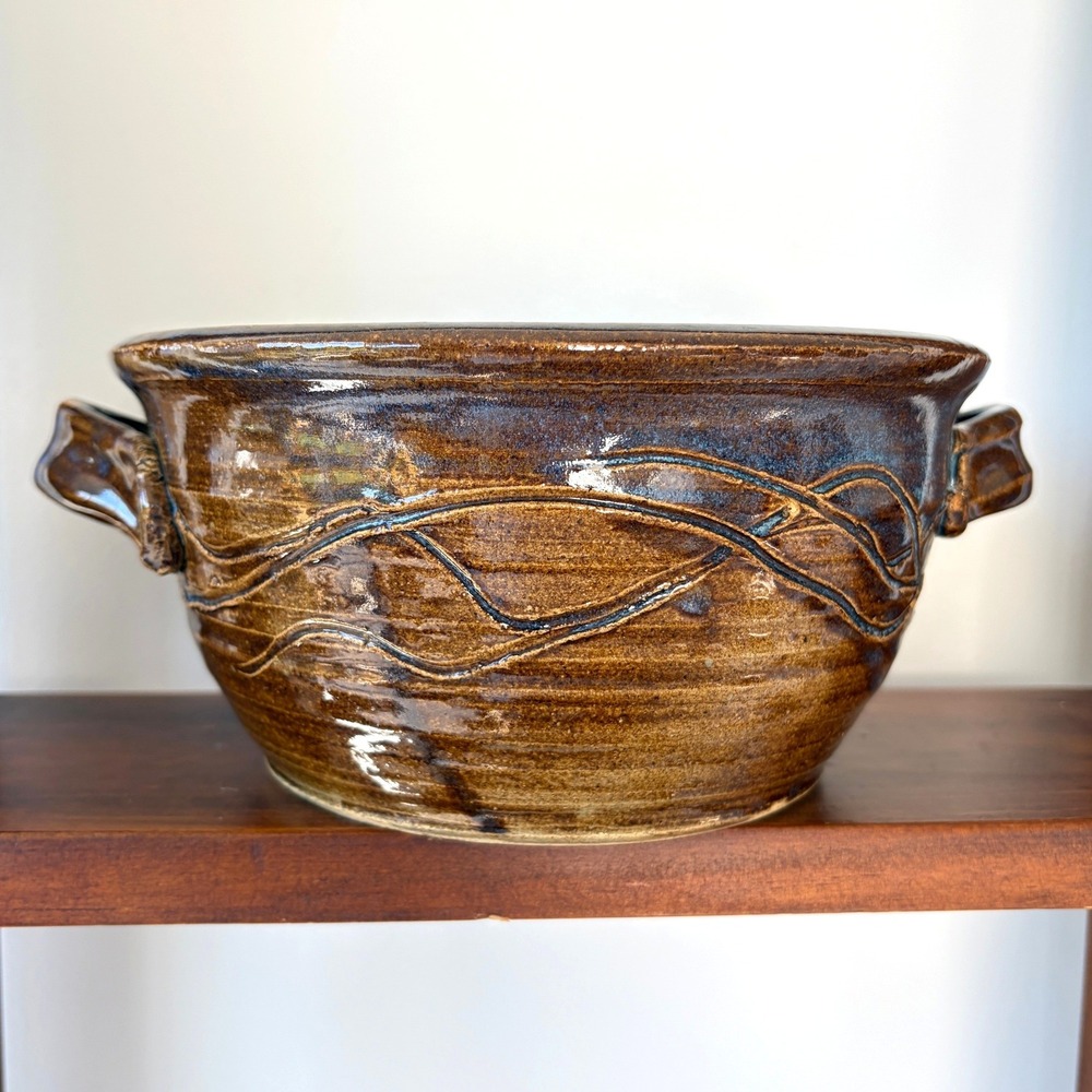 Vintage 1989 Signed Studio Pottery Handled Serving Bowl Brown Blue Stoneware